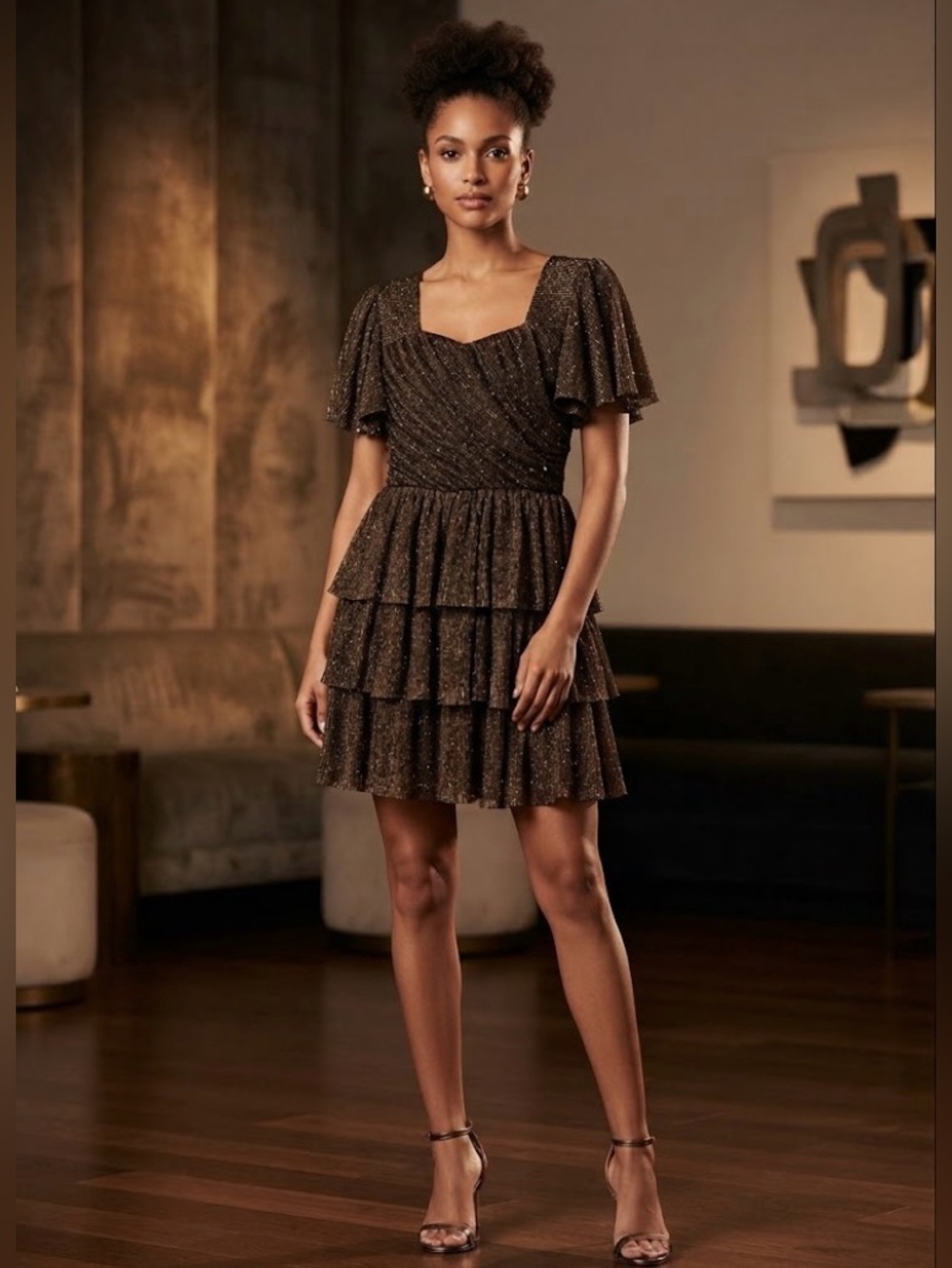 NWT Ivy City Co Kyla Black Sparkle Tiered Ruffle Mini Dress Size Small